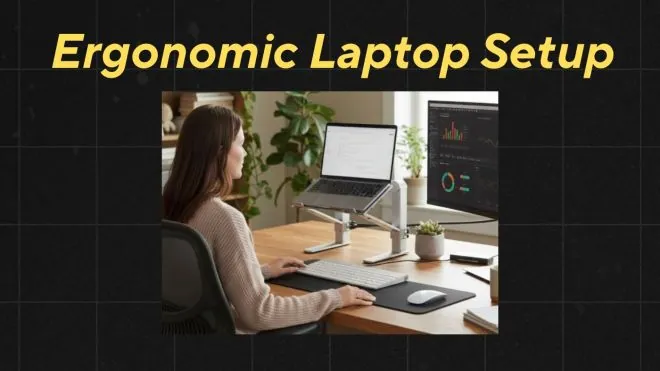 A person uses an ergonomic laptop stand to improve their posture at a desk.